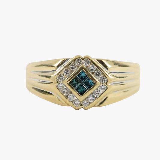 Inel cu Diamante Albastru și Alb din Aur Galben 14k