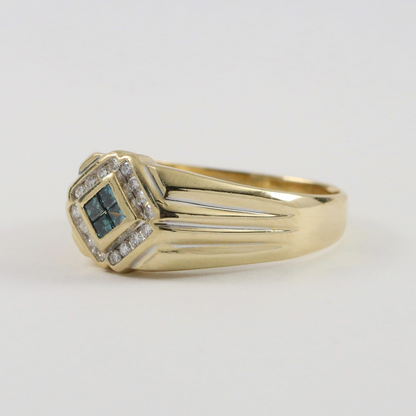 Inel cu Diamante Albastru și Alb din Aur Galben 14k