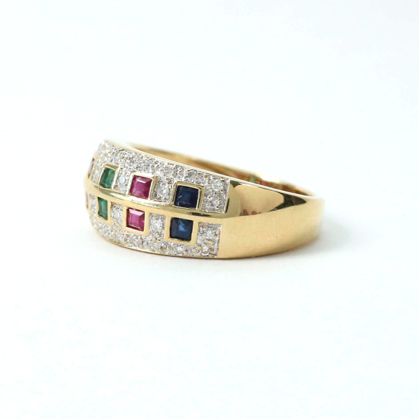 Inel cu Diamant, Safire, Smarald Și Rubin din Aur Galben 14k