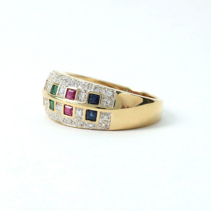 Inel cu Diamant, Safire, Smarald Și Rubin din Aur Galben 14k