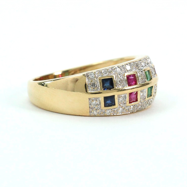 Inel cu Diamant, Safire, Smarald Și Rubin din Aur Galben 14k