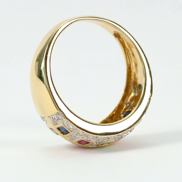 Inel cu Diamant, Safire, Smarald Și Rubin din Aur Galben 14k