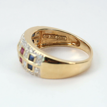 Inel cu Diamant, Safire, Smarald Și Rubin din Aur Galben 14k