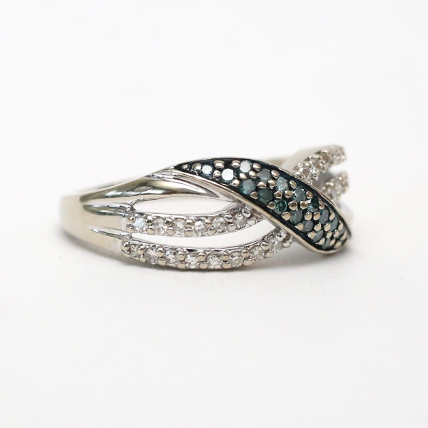 Inel cu Diamante Albastru Și Alb din Aur Alb 10k