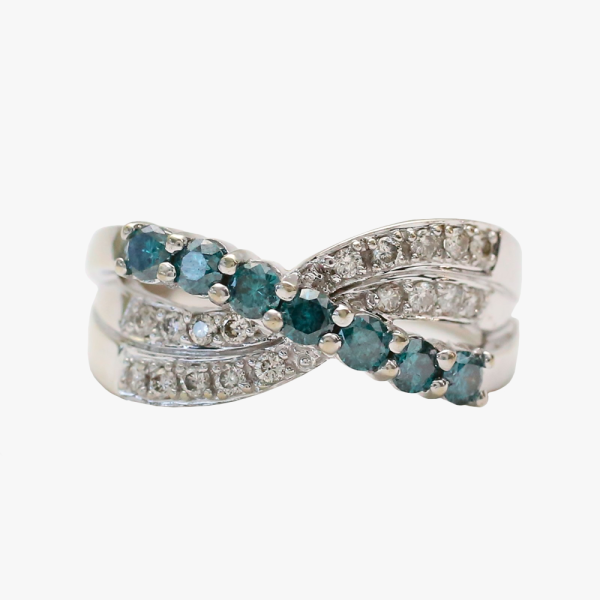 Inel cu Diamante Albastru Și Alb din Aur Alb 10k