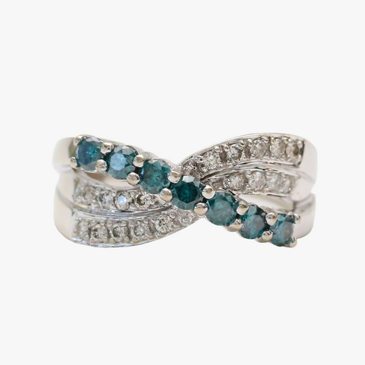 Inel cu Diamante Albastru Și Alb din Aur Alb 10k