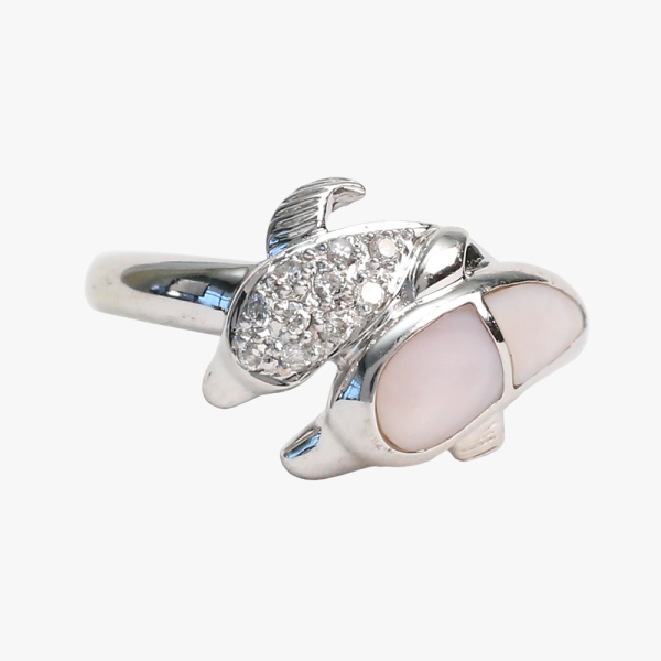 Inel Delfinilor cu Diamante Și Perle din Aur Alb 14k