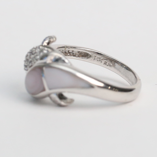 Inel Delfinilor cu Diamante Și Perle din Aur Alb 14k