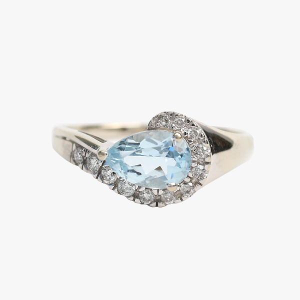 Inel cu Acvamarin Și Diamante din Aur Alb 14k