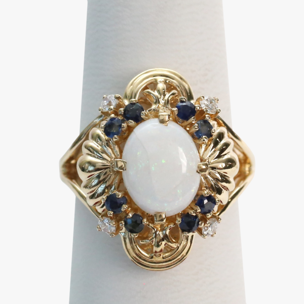 Inel cu Opal, Safire Și Diamante din Aur Galben 14k