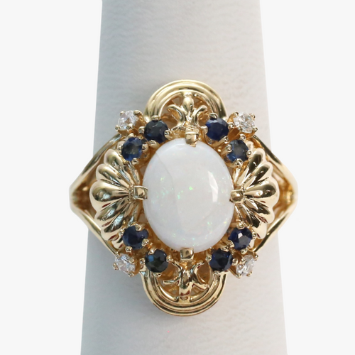 Inel cu Opal, Safire Și Diamante din Aur Galben 14k