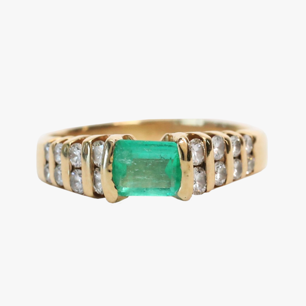 Inel cu Smarald Si Diamante din Aur Galben 14k