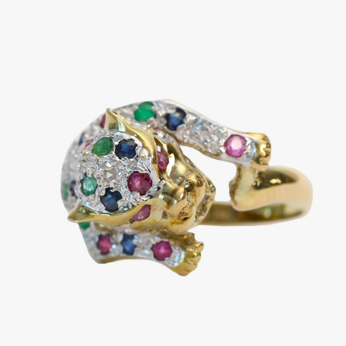 Inel Jaguar cu Pietre Prețioase din Aur Galben Și Alb 14k