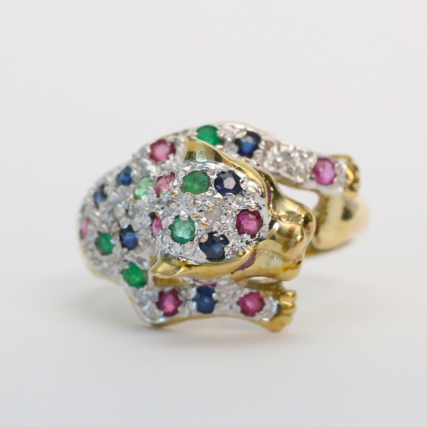 Inel Jaguar cu Pietre Prețioase din Aur Galben Și Alb 14k
