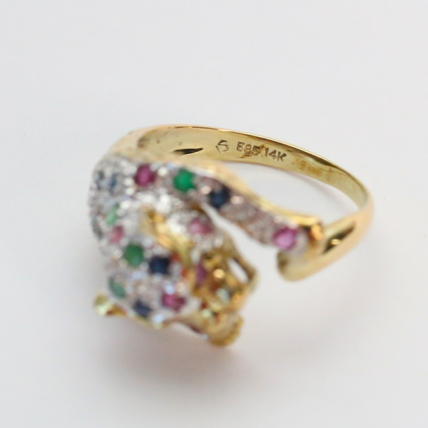 Inel Jaguar cu Pietre Prețioase din Aur Galben Și Alb 14k