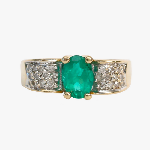 Inel cu Smarald Și Diamante din Aur Galben 14k