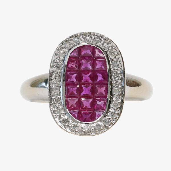 Inel cu Diamante Și Rubine din Aur Alb 18k