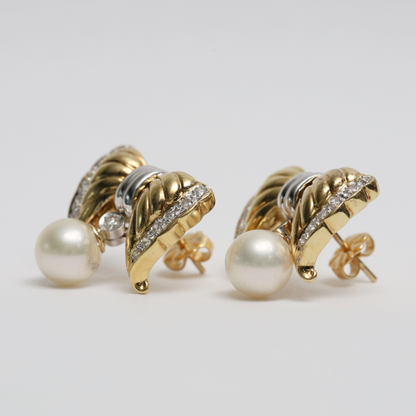 Cercei cu Diamante & Perle din Aur Galben 18k