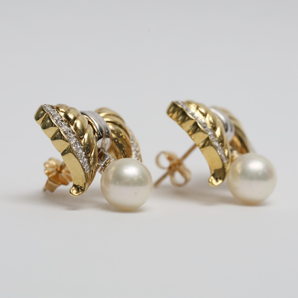 Cercei cu Diamante & Perle din Aur Galben 18k