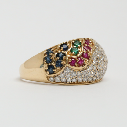 Inel Dom cu Safire, Rubine, Smarald & Diamante din Aur Galben 14k