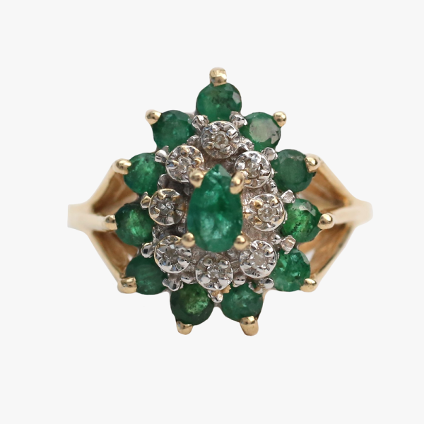 Inel Cocktail cu Smarald Și Diamante din Aur Galben 14k