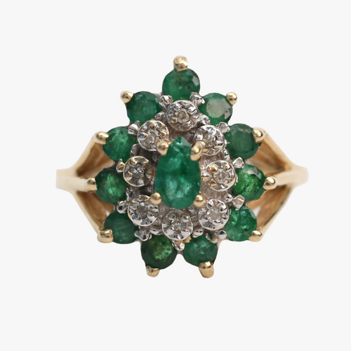 Inel Cocktail cu Smarald Și Diamante din Aur Galben 14k