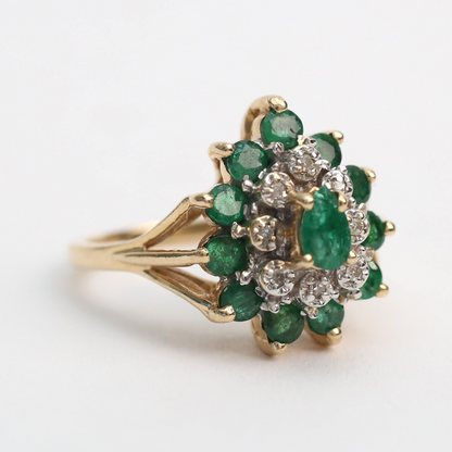 Inel Cocktail cu Smarald Și Diamante din Aur Galben 14k